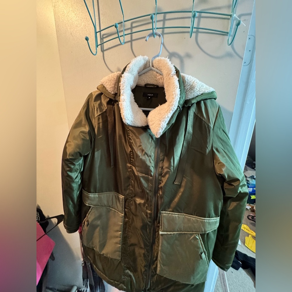 AQUA Olive Green Parka with Faux Shearling Lining (S) NWT